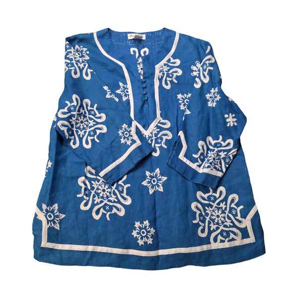 Marisa Christina Woman Blue White Floral Tunic Top 1X Linen Blend - Picture 7 of 7